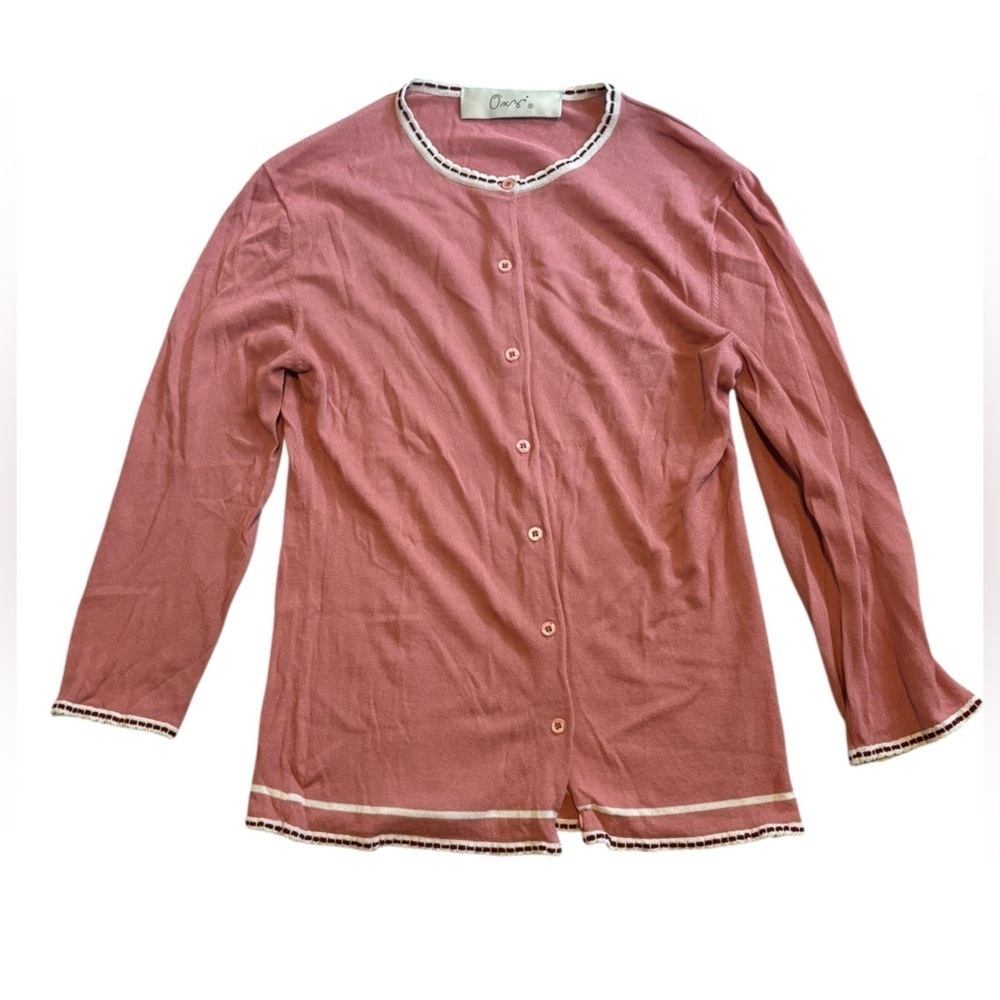 Dusty Rose Pink Lightweight Cardigan 3/4 Sleeve Scalloped Ribbon Edging S/M